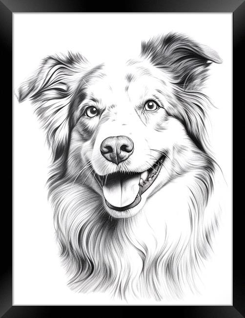 Australian Shepherd Dog Pencil Drawing Framed Print by K9 Art