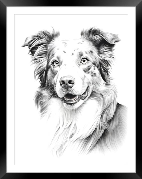 Australian Shepherd Dog Pencil Drawing Framed Mounted Print by K9 Art