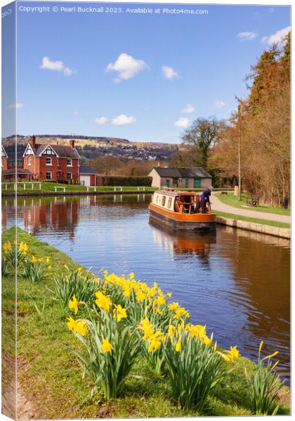 Llangollen Canal Boat in Spring Canvas Print by Pearl Bucknall