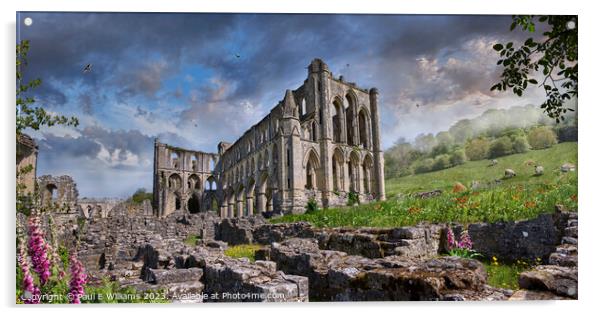 The picturesque medieval Rievaulx Abbey ruins, England.  Acrylic by Paul E Williams