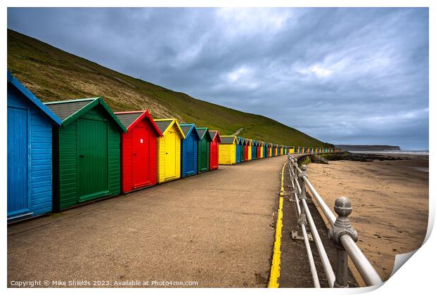 Whitby Beach Huts Print by Mike Shields