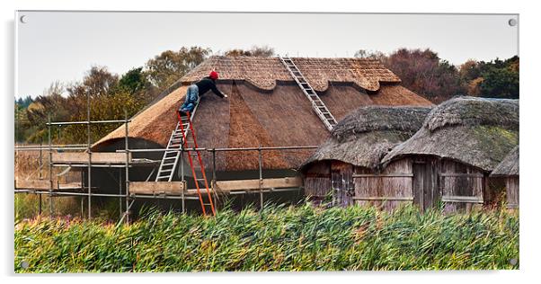 Thatching a boat house at Hickling Acrylic by Stephen Mole