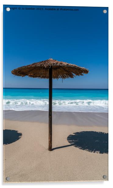 A straw topped Beach Umbrella on Lefkada Acrylic by Jo Sowden