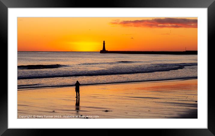 Photographer and sunrise at Roker Pier, Sunderland Framed Mounted Print by Gary Turner