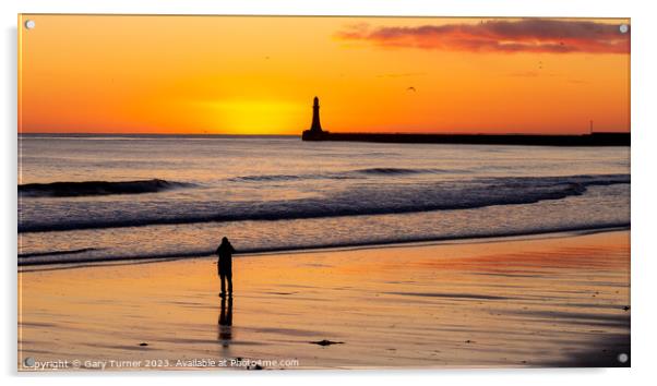 Photographer and sunrise at Roker Pier, Sunderland Acrylic by Gary Turner