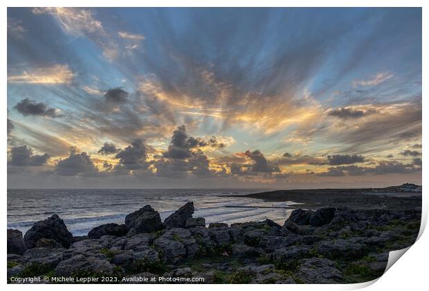 Porthcawl Sunset Over Rocks Print by Michele Leppier