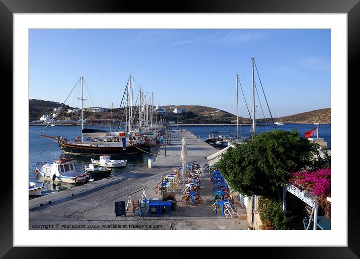 Lipsi morning boats and ouzerie Framed Mounted Print by Paul Boizot