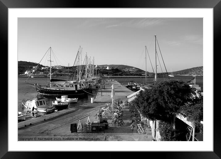 Lipsi morning boats and ouzerie, monochrome Framed Mounted Print by Paul Boizot
