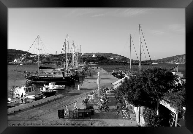 Lipsi morning boats and ouzerie, monochrome Framed Print by Paul Boizot