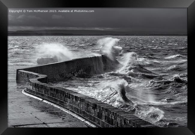 Huge waves break over Burghead pier during sea storm on the Moray Firth. Framed Print by Tom McPherson
