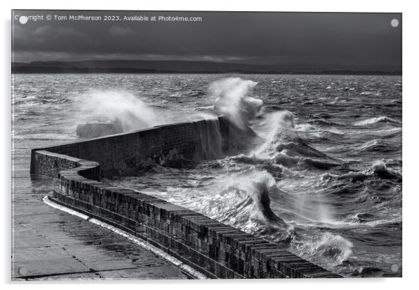 Huge waves break over Burghead pier during sea storm on the Moray Firth. Acrylic by Tom McPherson
