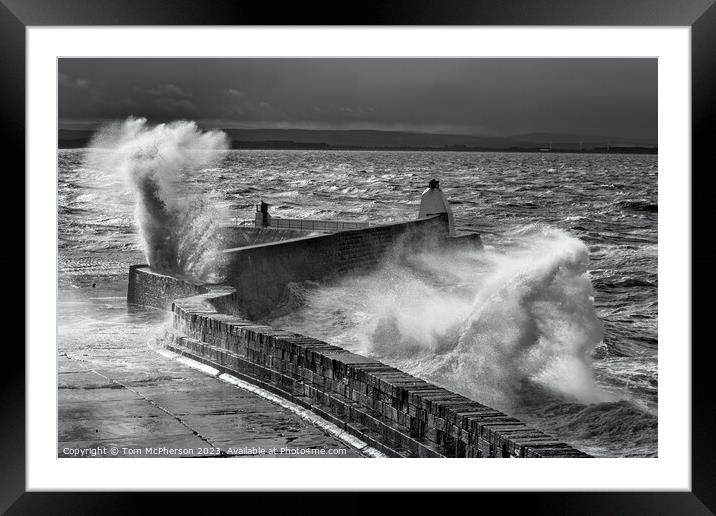 Black and white image of powerful Sea storm at Burghead Framed Mounted Print by Tom McPherson