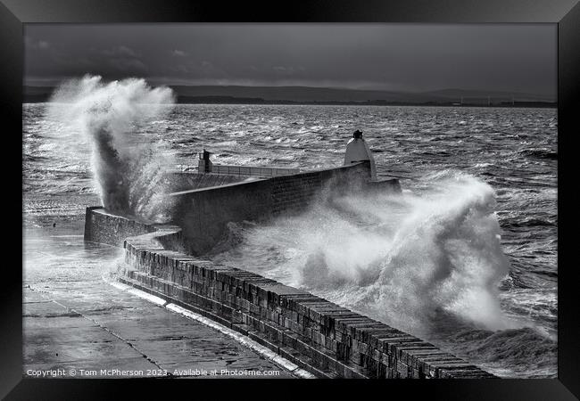 Black and white image of powerful Sea storm at Burghead Framed Print by Tom McPherson