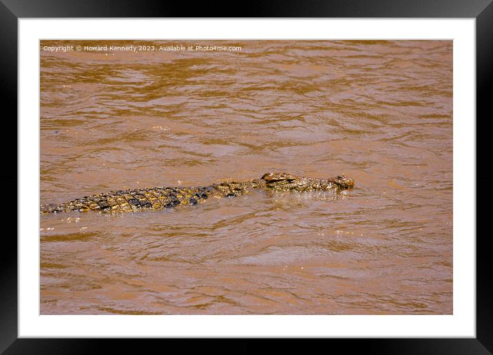 Nile Crocodile swimming in the Mara River Framed Mounted Print by Howard Kennedy