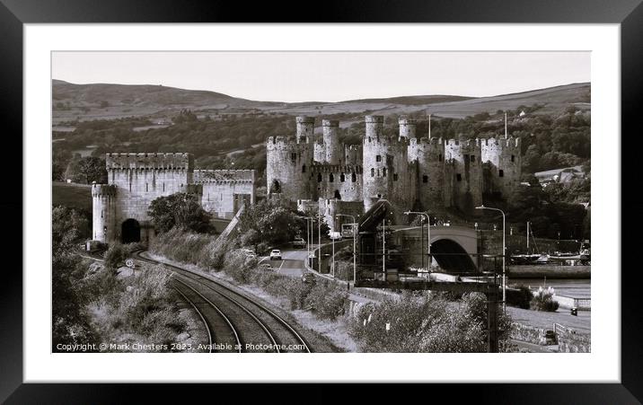 Conwy Castle and railway line  Black and White Framed Mounted Print by Mark Chesters