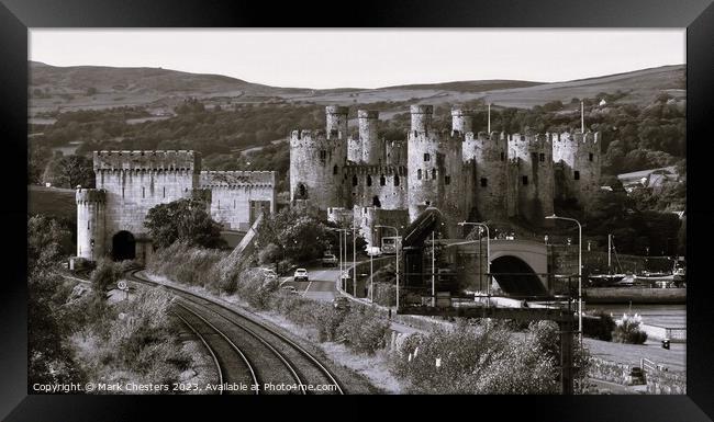 Conwy Castle and railway line  Black and White Framed Print by Mark Chesters