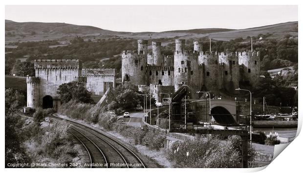Conwy Castle and railway line  Black and White Print by Mark Chesters