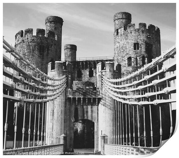 Conwy castle and toll bridge Black and White Print by Mark Chesters
