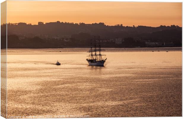 Gallon sailing in to the sunrise at the port of La Coruna  Canvas Print by Holly Burgess