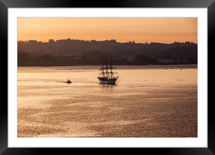 Gallon sailing in to the sunrise at the port of La Coruna  Framed Mounted Print by Holly Burgess