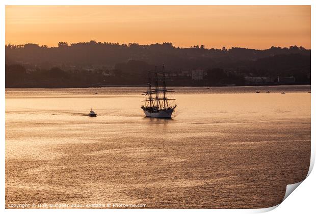 Gallon sailing in to the sunrise at the port of La Coruna  Print by Holly Burgess