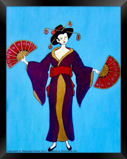 Geisha with Two Fans Framed Print by Stephanie Moore
