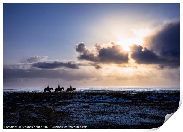 Silhouettes in the Storm: Icelandic Riders and Ponies Print by Stephen Young