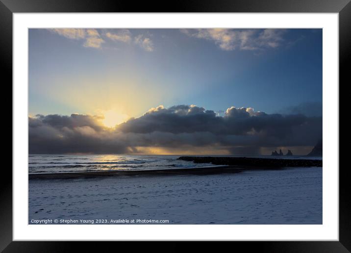 Arctic Elegance: Icelandic Sunset Over Snowy Shore Framed Mounted Print by Stephen Young