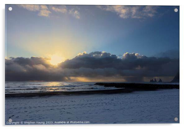 Arctic Elegance: Icelandic Sunset Over Snowy Shore Acrylic by Stephen Young