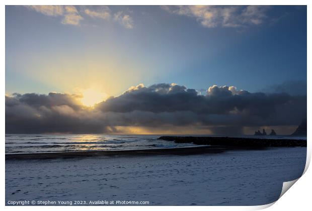 Arctic Elegance: Icelandic Sunset Over Snowy Shore Print by Stephen Young