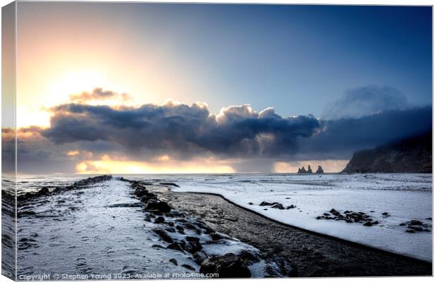 Fire and Ice: Icelandic Seascape at Sunset Canvas Print by Stephen Young