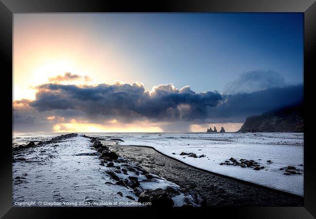 Fire and Ice: Icelandic Seascape at Sunset Framed Print by Stephen Young