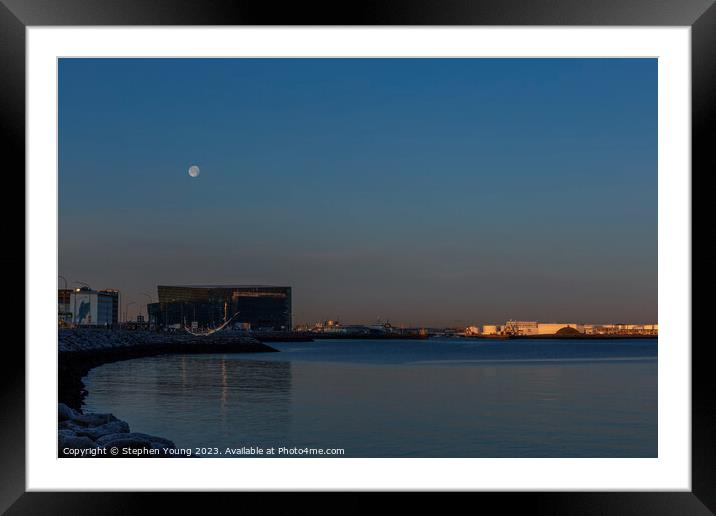 Reykjavik's Winter Twilight: Moonlit Waterfront Framed Mounted Print by Stephen Young
