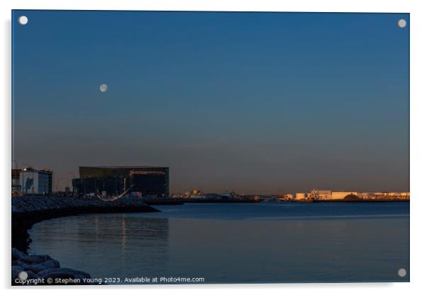 Reykjavik's Winter Twilight: Moonlit Waterfront Acrylic by Stephen Young