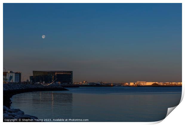 Reykjavik's Winter Twilight: Moonlit Waterfront Print by Stephen Young