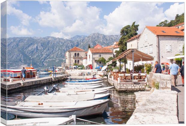 Habour with boats to hire to take you to the Lady on the rock Kotor Canvas Print by Holly Burgess