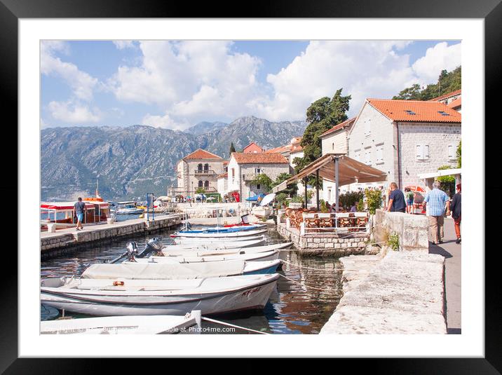Habour with boats to hire to take you to the Lady on the rock Kotor Framed Mounted Print by Holly Burgess