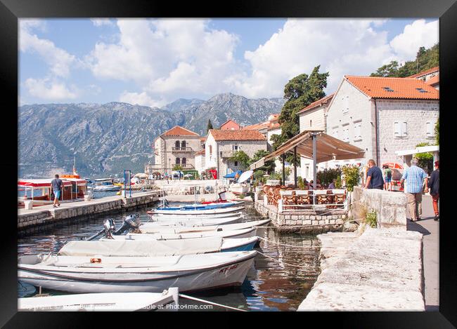 Habour with boats to hire to take you to the Lady on the rock Kotor Framed Print by Holly Burgess