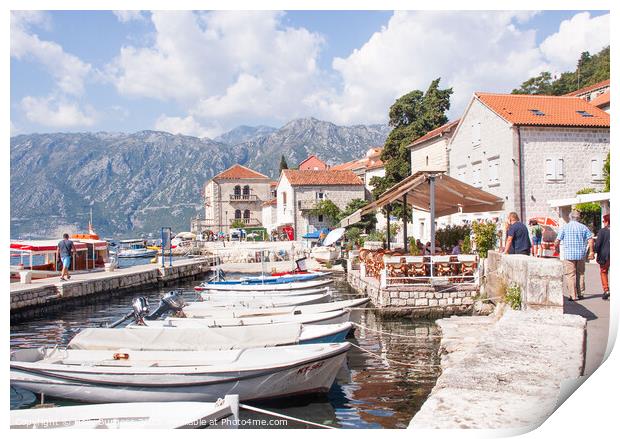 Habour with boats to hire to take you to the Lady on the rock Kotor Print by Holly Burgess