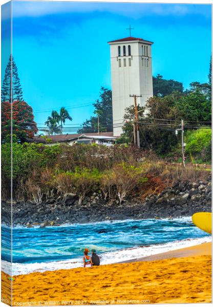 Watching Large Waves Surfer Waimea Bay North Shore Oahu Hawaii Canvas Print by William Perry