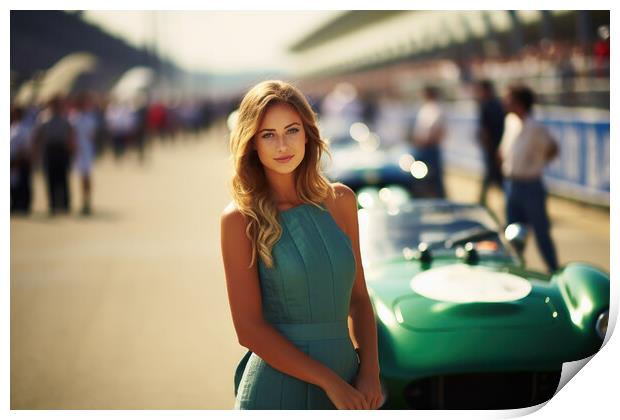 A beautiful young woman with racing cars. Print by Michael Piepgras