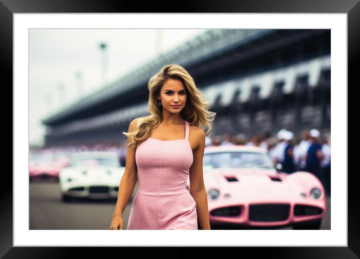 A beautiful young woman with racing cars. Framed Mounted Print by Michael Piepgras