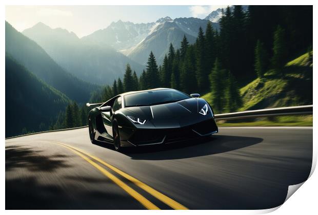 A high-performance machine tearing down a winding mountain road. Print by Michael Piepgras