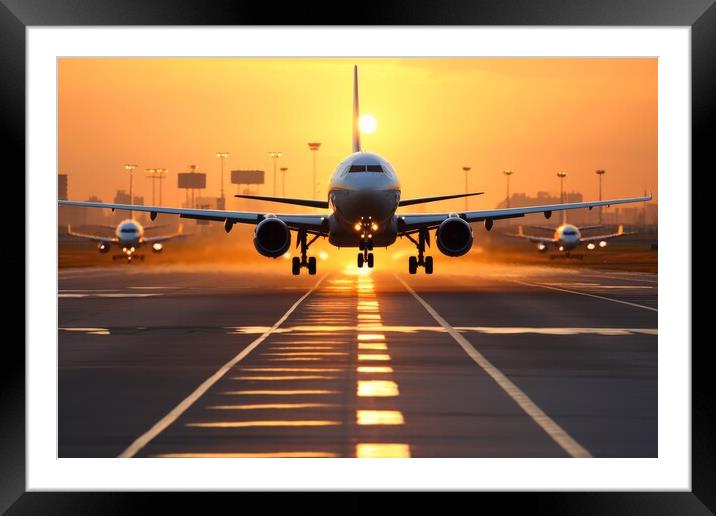 A busy airport runway with planes taking off and landing. Framed Mounted Print by Michael Piepgras