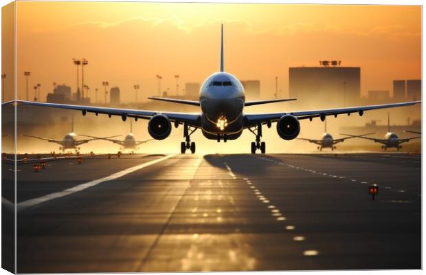 A busy airport runway with planes taking off and landing. Canvas Print by Michael Piepgras