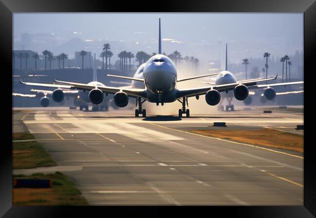 A busy airport runway with planes taking off and landing. Framed Print by Michael Piepgras