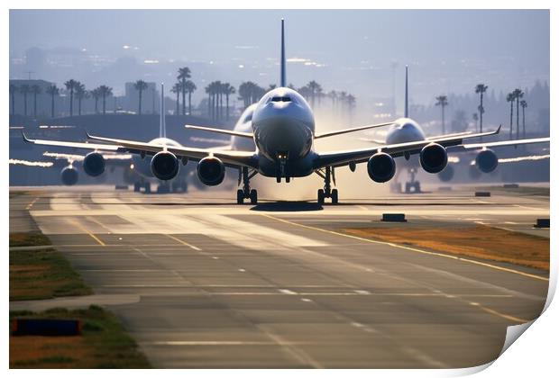 A busy airport runway with planes taking off and landing. Print by Michael Piepgras