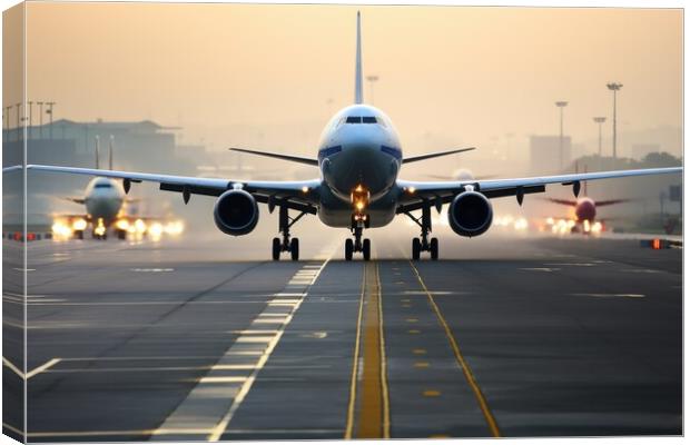 A busy airport runway with planes taking off and landing. Canvas Print by Michael Piepgras