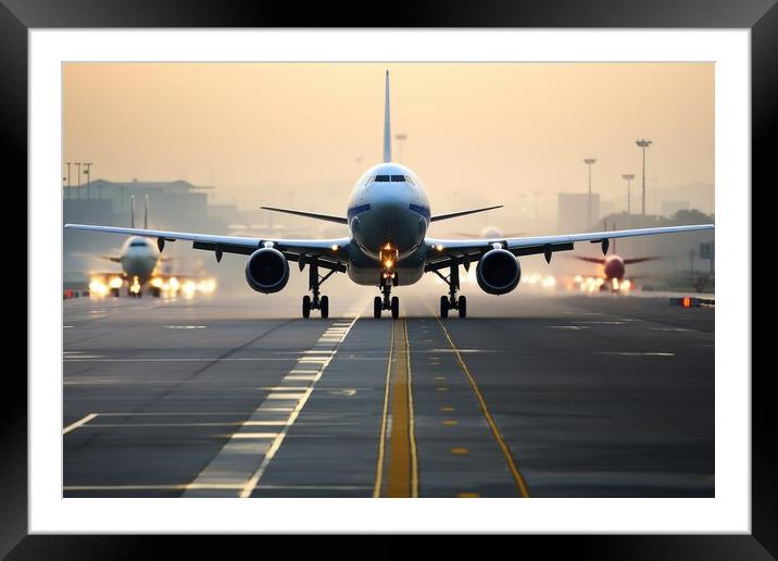 A busy airport runway with planes taking off and landing. Framed Mounted Print by Michael Piepgras
