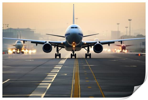 A busy airport runway with planes taking off and landing. Print by Michael Piepgras